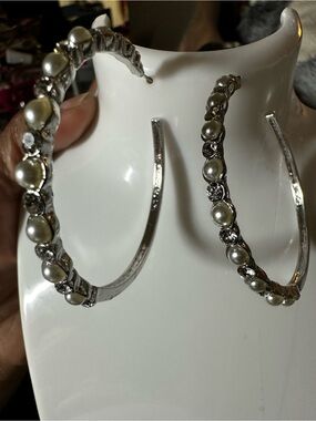Silver Pearl Hoop Earrings - Elegant Women Jewelry